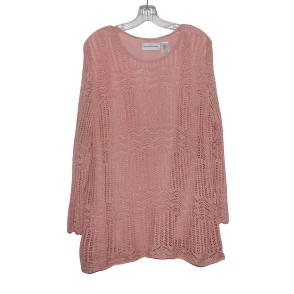 Alfred Dunner Lined Open Knit Long Sleeve Tunic Sweater Pink Size XL